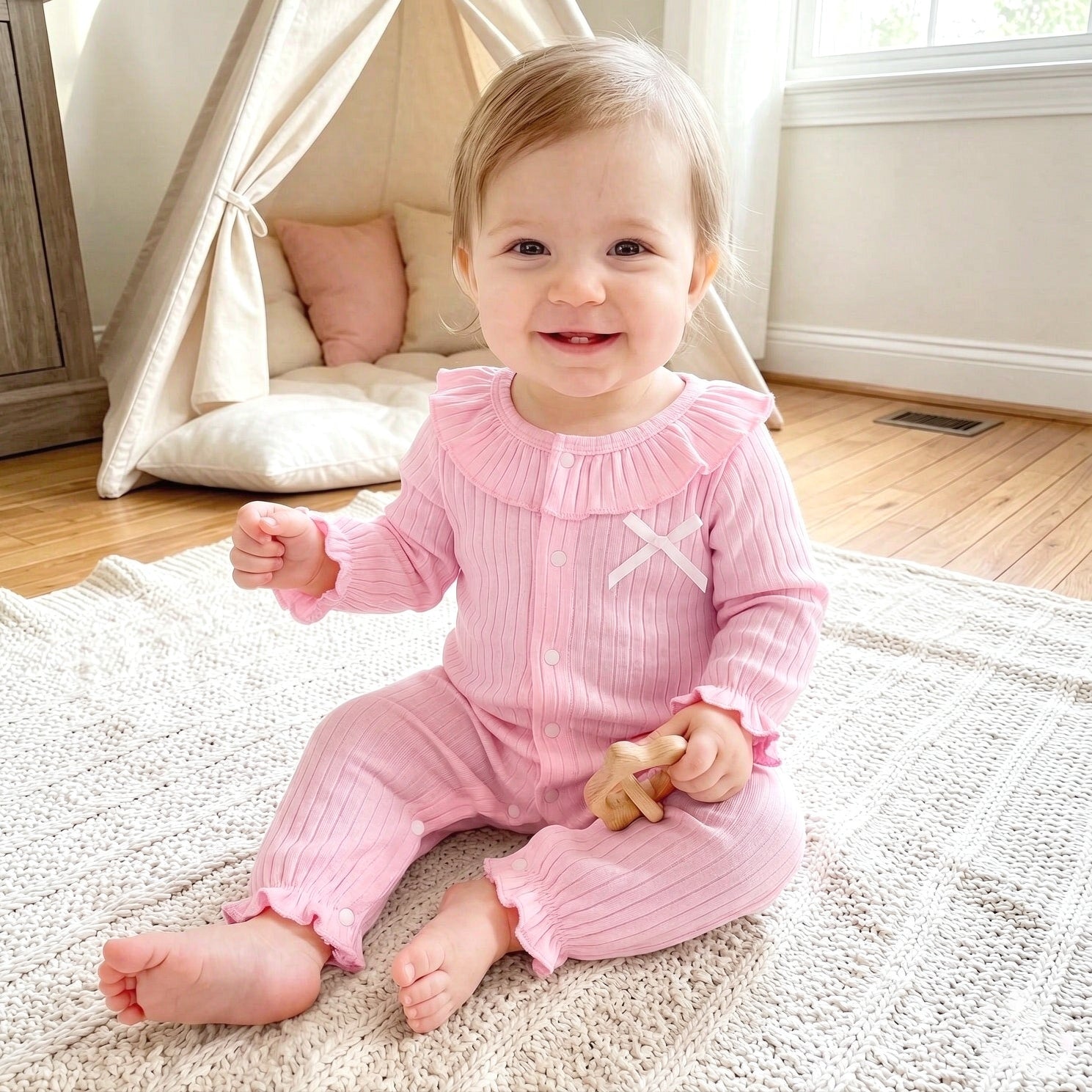 Cozy Solid Color Long Sleeve Ruffle Baby Girl Jumpsuit Secondary image