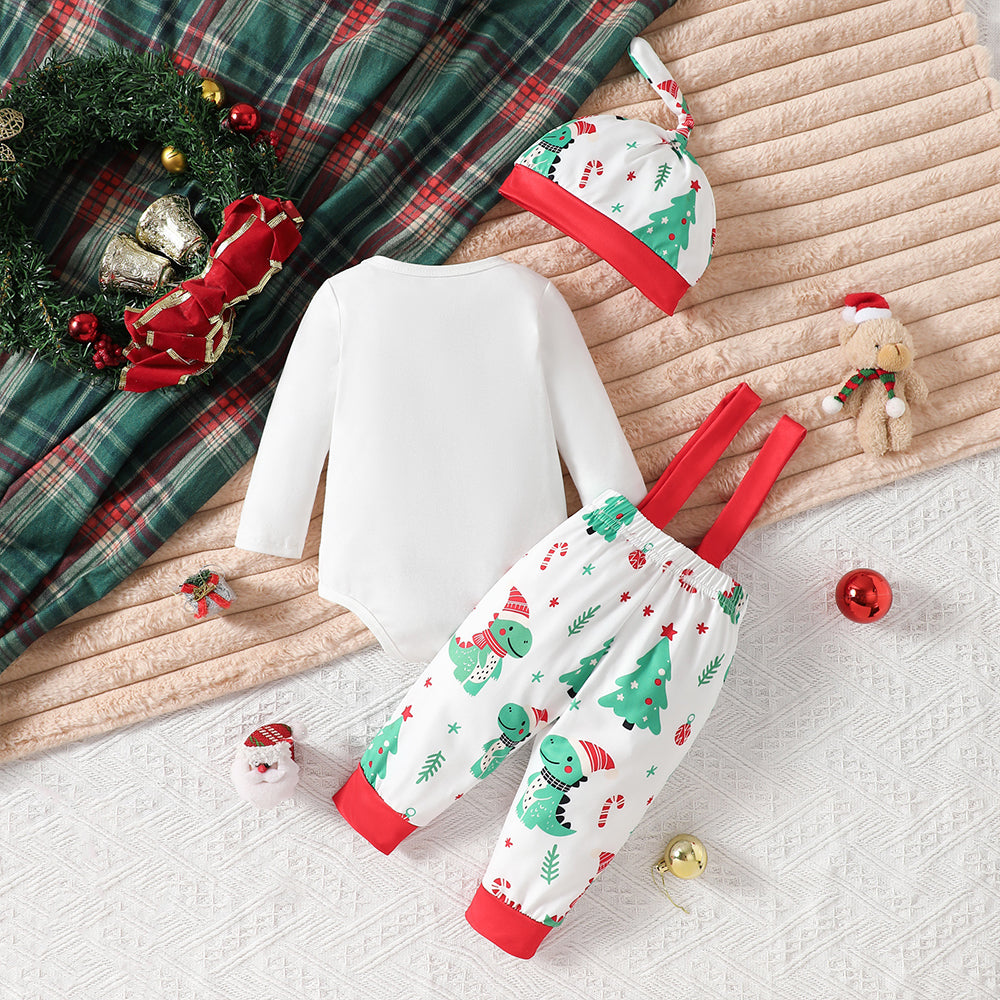 3PCS Cute Merry Christmas Letter Dinosaur Tree Print Baby Overalls Set