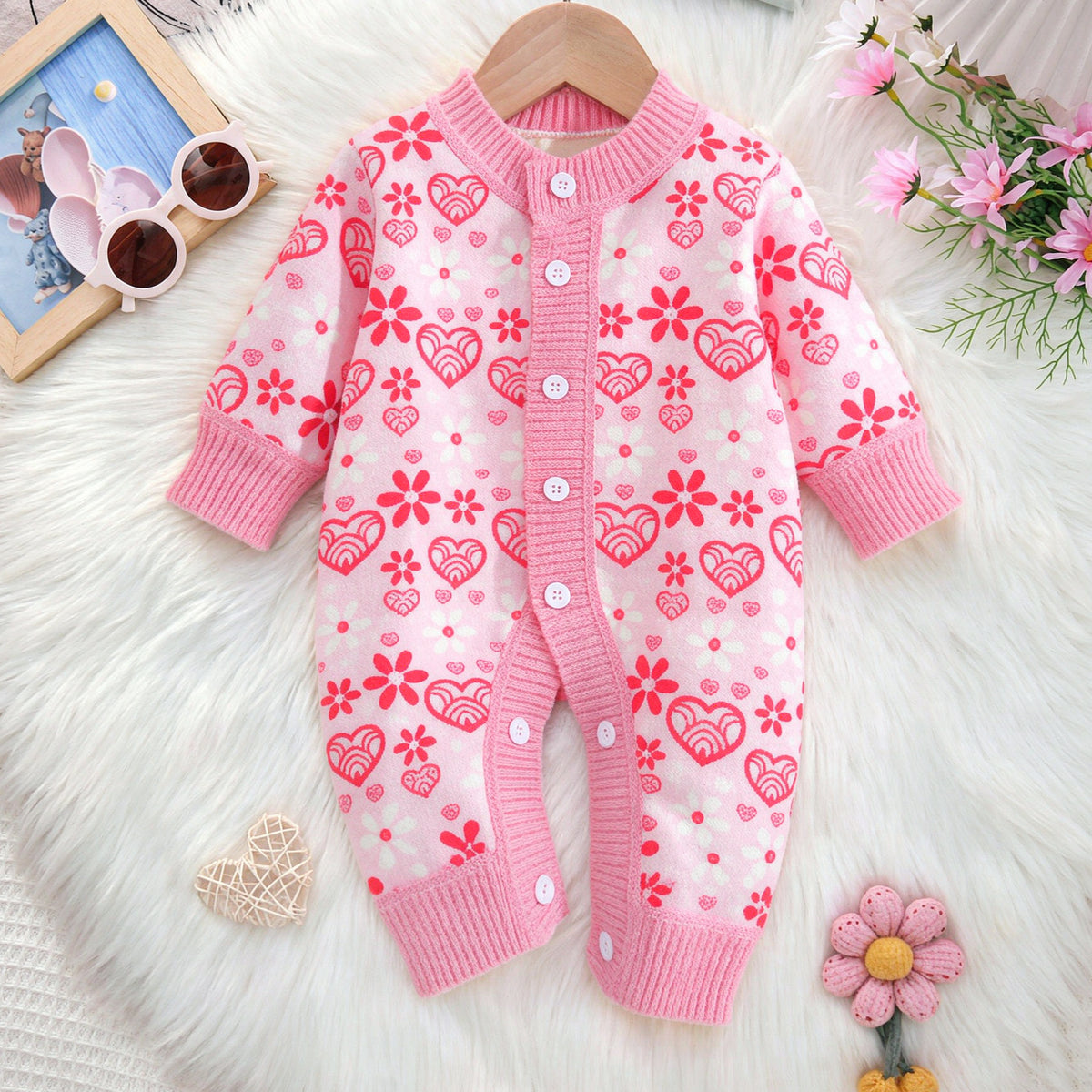 Pretty Heart Floral Print Long Sleeve Knit Baby Girl Jumpsuit Image principale du produit