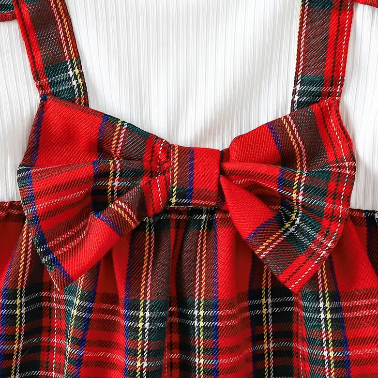 Striking Plaid Print Fake Two Piece Long Sleeve Baby Girl Jumpsuit