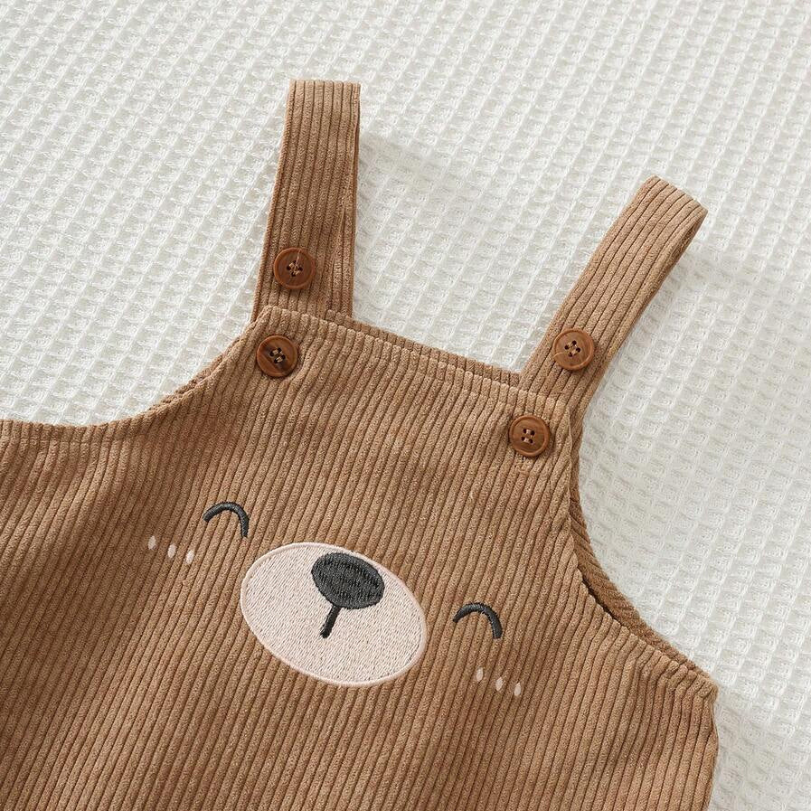 2PCS Adorable Bear Print Long Sleeve Corduroy Baby Overalls Set