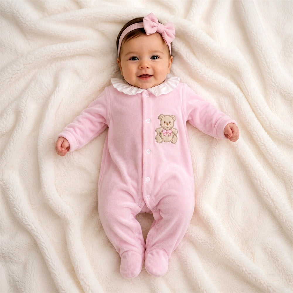 2PCS Quirky Bear Embroidery Long Sleeve Velvet Baby Girl Jumpsuit Image principale du produit