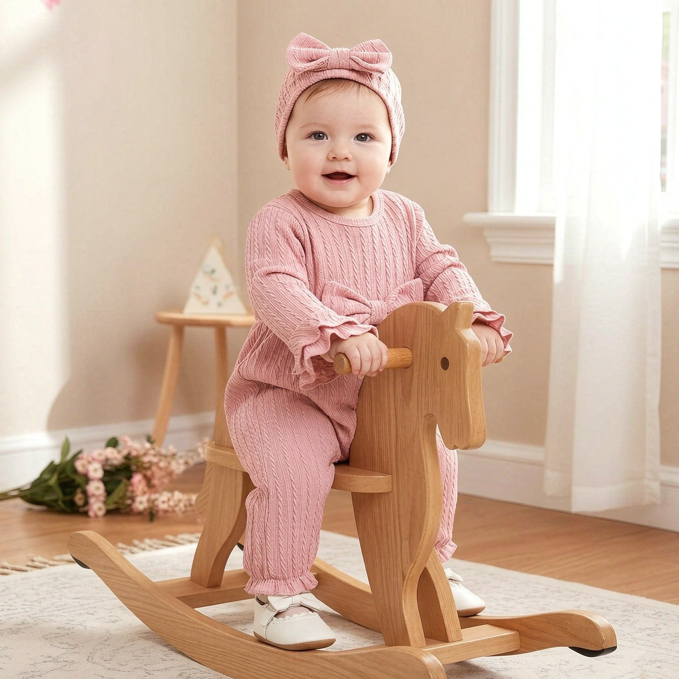 2PCS Winsome Solid Color Long Sleeve Baby Girl Jumpsuit