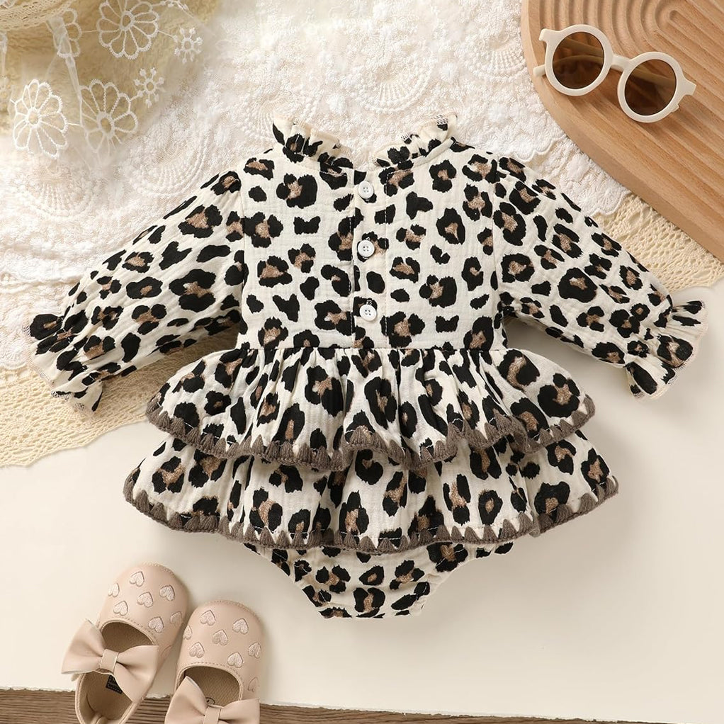 Sweet Leopard Printed Long Sleeve Baby Girl Romper