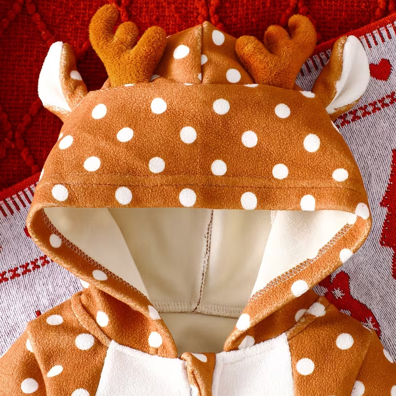 Polka Dots Deer Ears Long Sleeve Zipper Hooded Plush Baby Jumpsuit