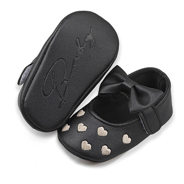 Embroidered Heart Bow Soft Sole Baby Prewalker Shoes