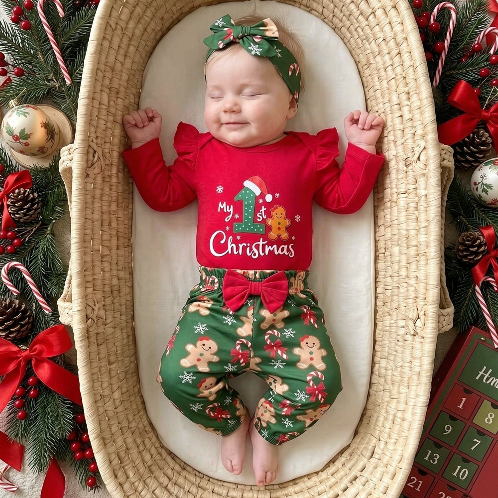 3PCS My 1st Christmas Letter Gingerbread Print Long Sleeve Baby Girl Set