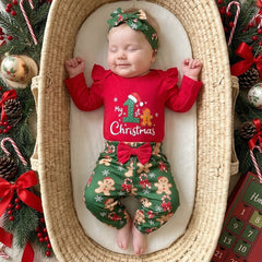 3PCS My 1st Christmas Letter Gingerbread Print Long Sleeve Baby Girl Set