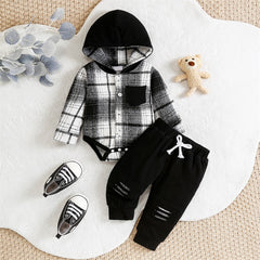 2PCS Timeless Plaid Print Long Sleeve Hoodie Baby Boy Set