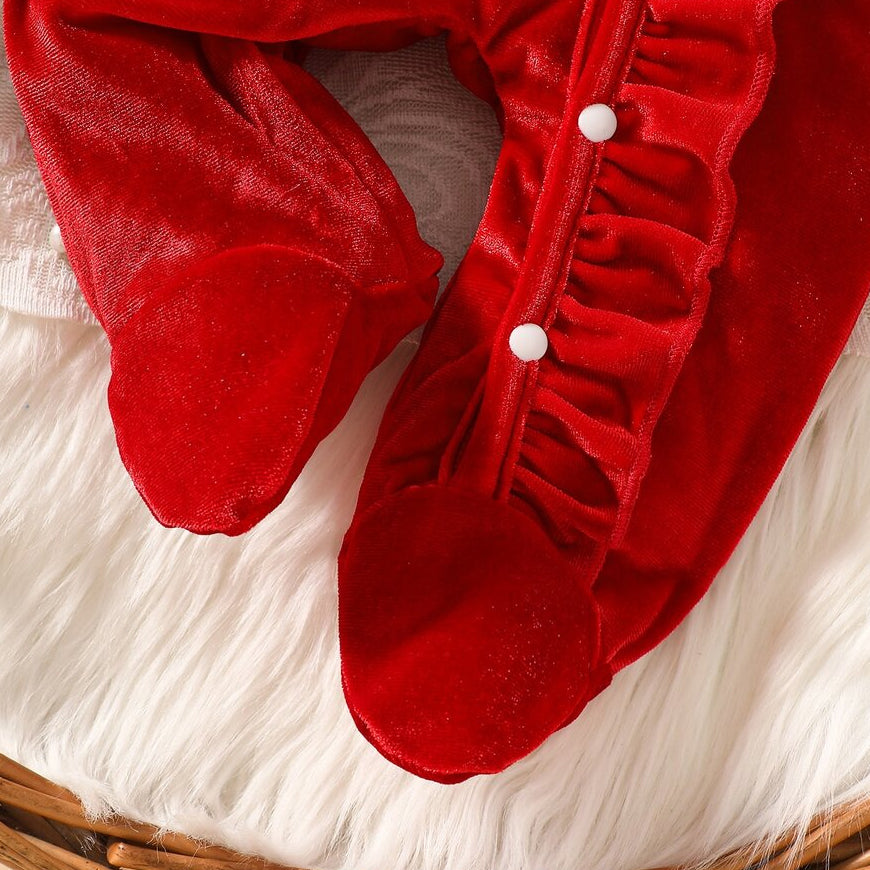 2PCS Classic Solid Color Ruffle Baby Girl Velvet Jumpsuit