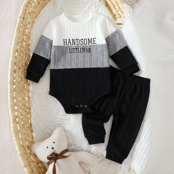 2PCS Handsome Littleman Letter Color Block Long Sleeve Knit Baby Set
