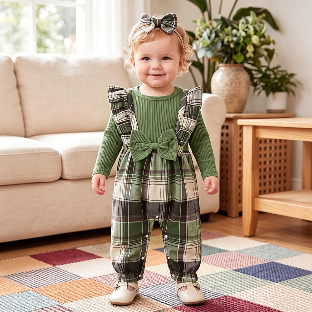 2PCS Fresh Plaid Printed Ruffle Long Sleeve Baby Girl Jumpsuit