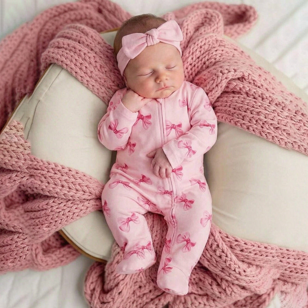 2PCS Quirky Bow Print Long Sleeve Zipper Baby Girl Jumpsuit Image principale du produit