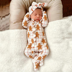 2PCS Christmas Gingerbread Plaid Print Long Sleeve Zipper Baby Jumpsuit
