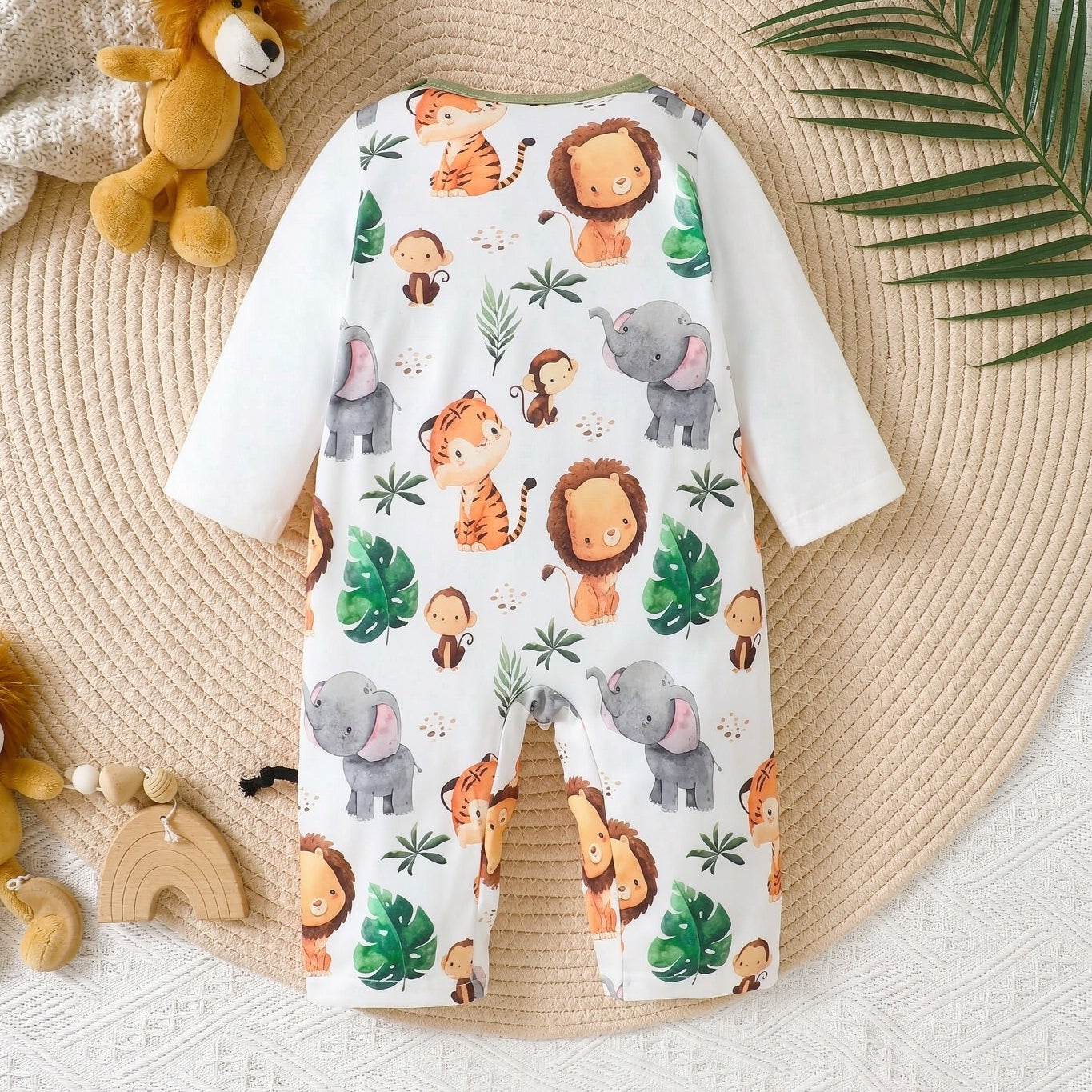 Casual Lion Elephant Print Faux Layer Long Sleeve Baby Jumpsuit