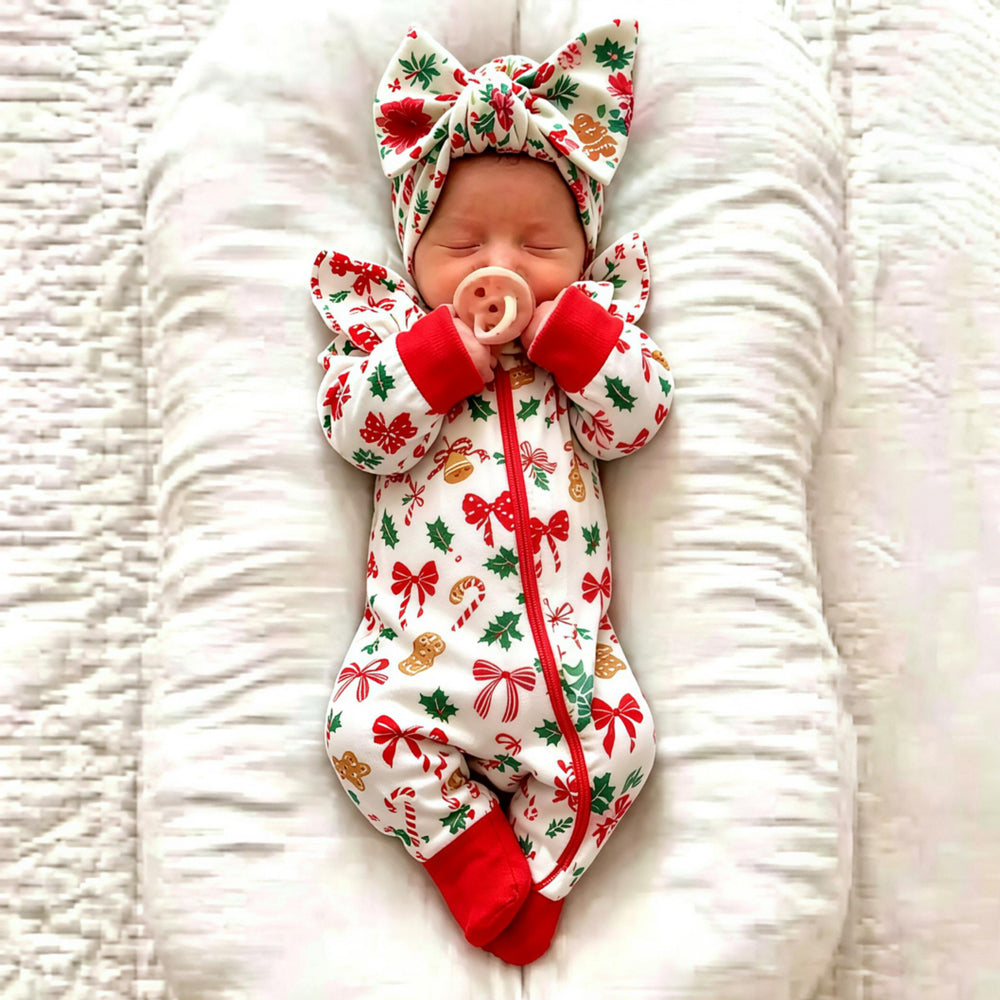 2PCS Lovely Christmas Print Zipper Long Sleeve Baby Girl Jumpsuit