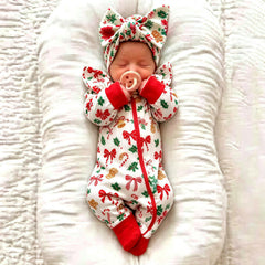 2PCS Lovely Christmas Print Zipper Long Sleeve Baby Girl Jumpsuit