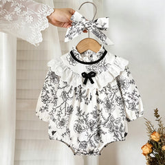 2PCS Vintage Floral Print Lace Eyelet Long Sleeve Baby Girl Romper