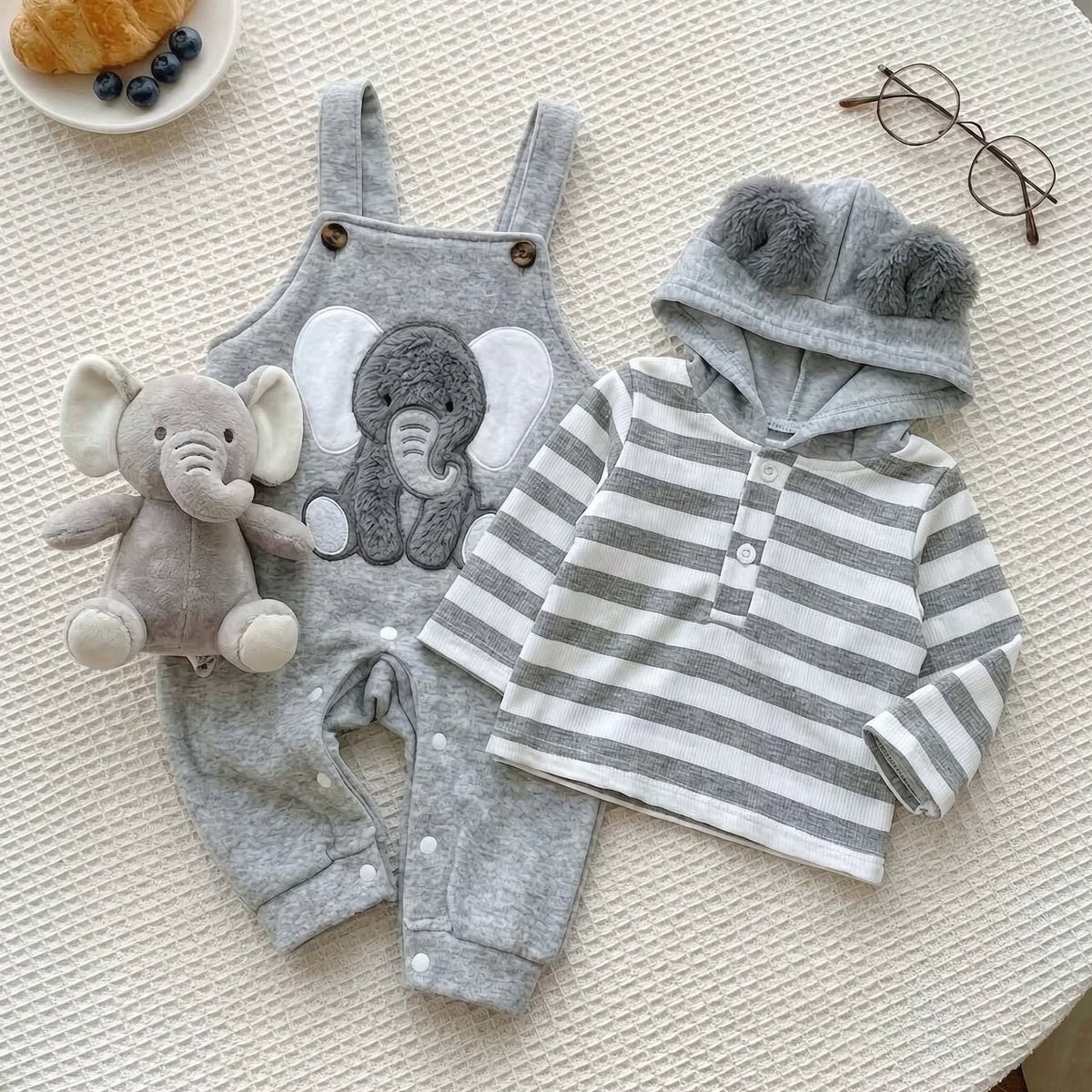 2PCS Elephant Applique Stripe Printed Fuzzy Baby Overalls Set