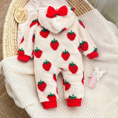 Cute Strawberry Printed Zipper Long Sleeve Fleece Baby Hooded Jumpsuit