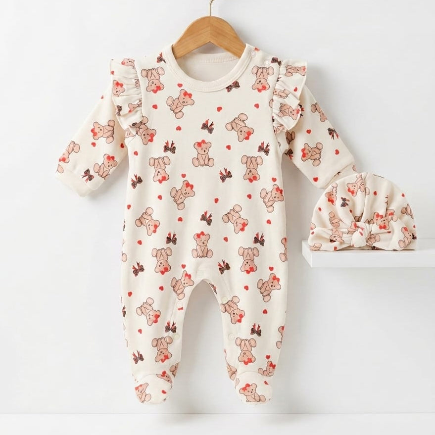 2PCS Classic Bear Print Long Sleeve Baby Jumpsuit