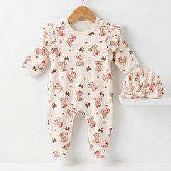 2PCS Classic Bear Print Long Sleeve Baby Jumpsuit