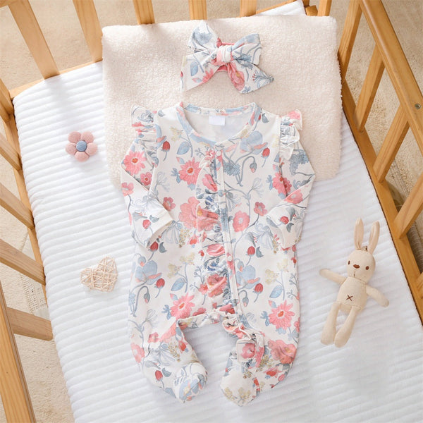 2PCS Elegant Floral Printed Ruffle Decor Zipper Baby Jumpsuit