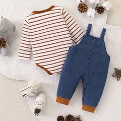 2PCS Cute Dog Stripe Print Long Sleeve Baby Denim Overalls Set