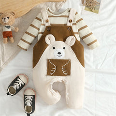 2PCS Adorable Bear Stripe Print Long Sleeve Baby Overalls Set
