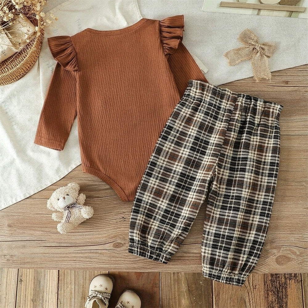 2PCS Bear Applique Plaid Printed Long Sleeve Baby Set