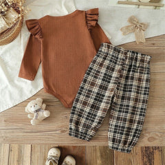 2PCS Bear Applique Plaid Printed Long Sleeve Baby Set