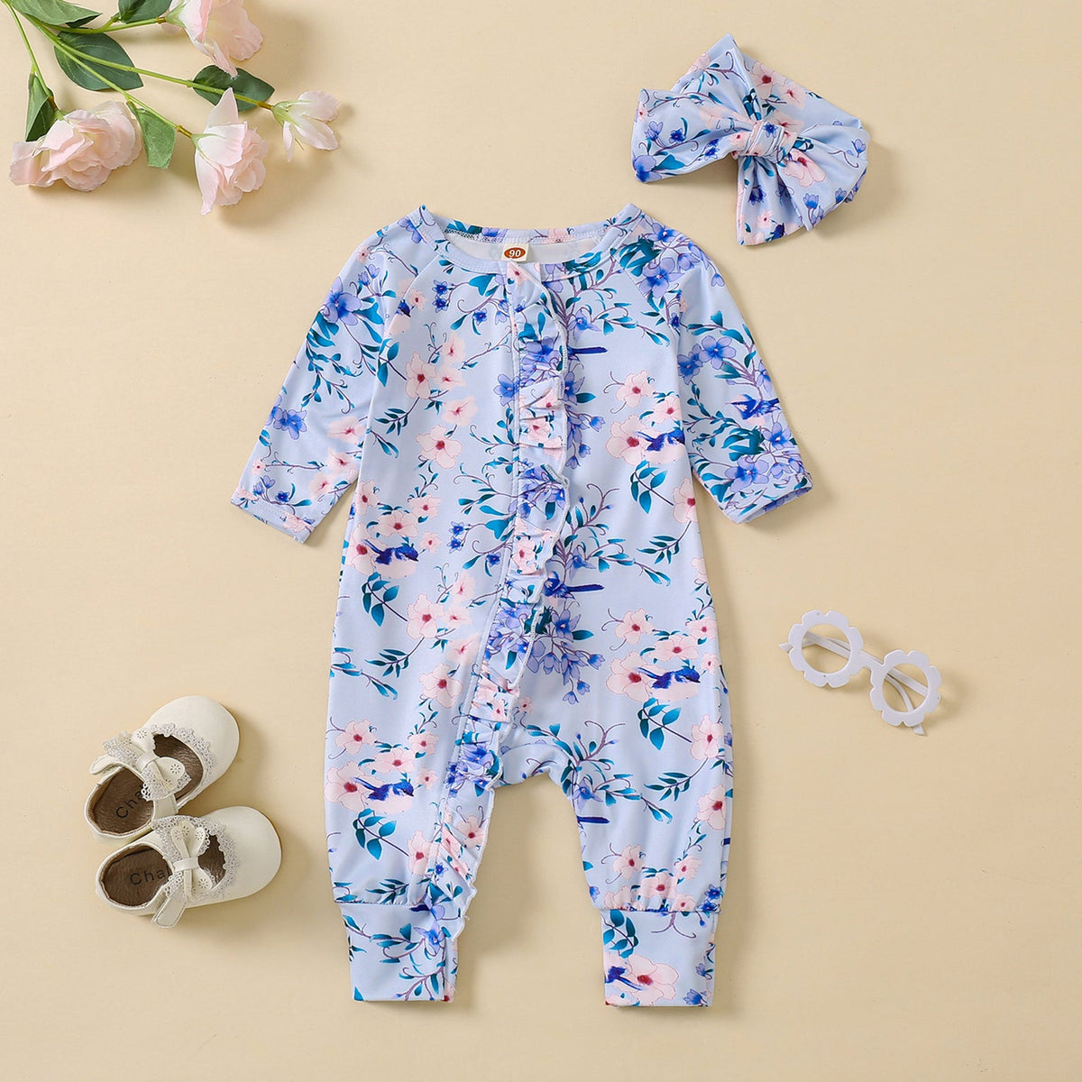 2PCS Pretty Floral Printed Long Sleeve Baby Jumpsuit Main image