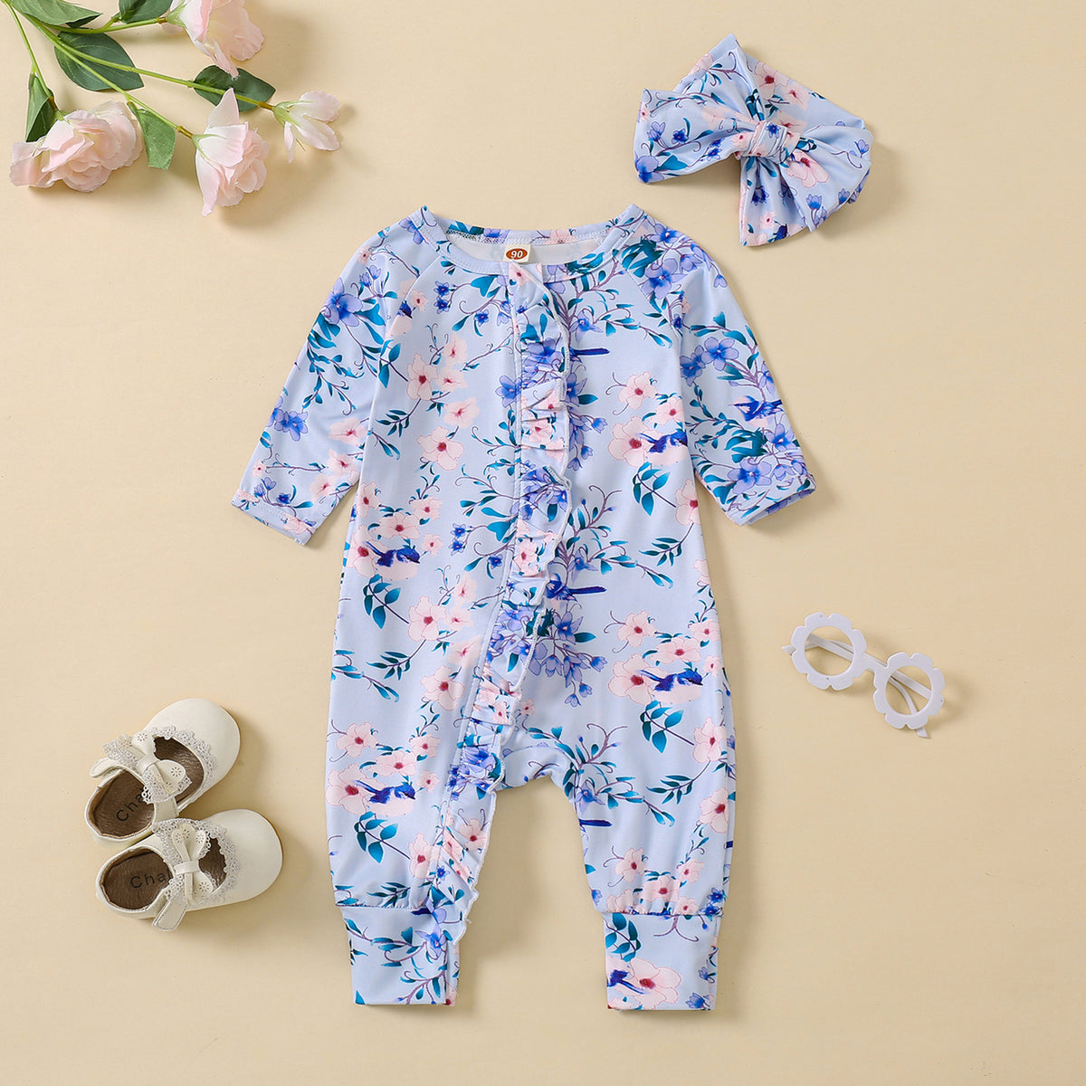 2PCS Pretty Floral Printed Long Sleeve Baby Jumpsuit