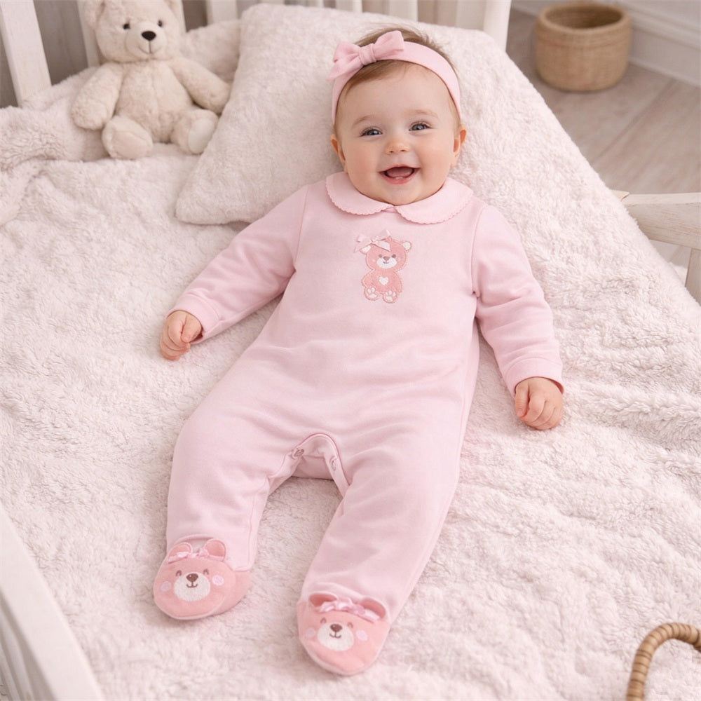 Cute Bear Embroidery Long Sleeve Baby Girl Jumpsuit Image secondaire du produit