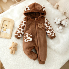 Fuzzy Bear Applique Leopard Print Zipper Baby Hoodie Jumpsuit