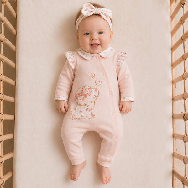 2PCS Cute Puppy Embroidery Floral Printed Long Sleeve Baby Jumpsuit
