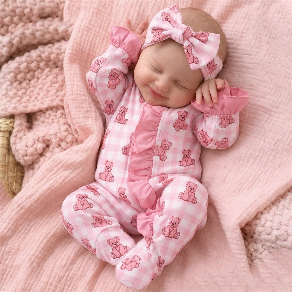 2PCS Lovely Bear Plaid Print Ruffle Zipper Baby Jumpsuit Image principale du produit