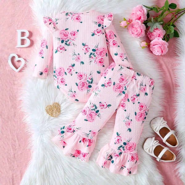 2PCS Delightful Floral Print Long Sleeve Baby Girl Set