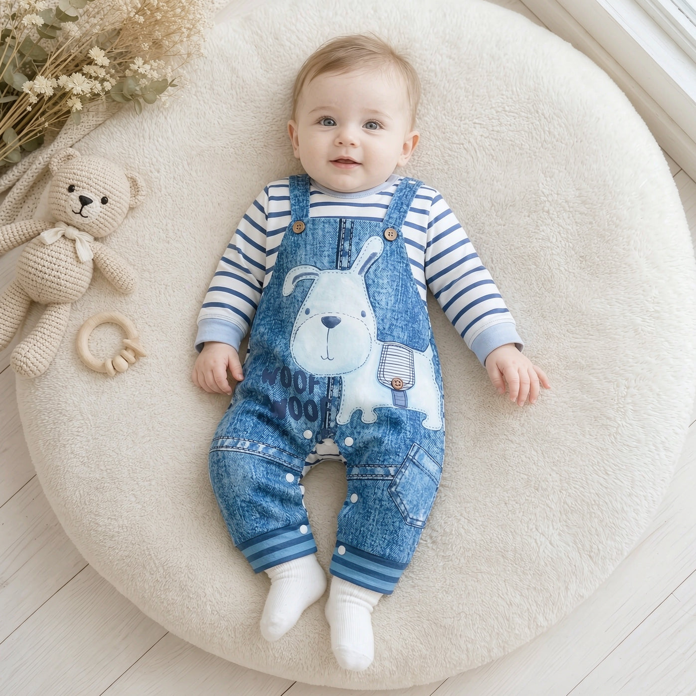 Lovely Puppy Stripe Print Faux Two Piece Baby Boy Jumpsuit