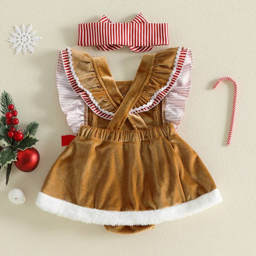 2PCS Gingerbread Man Flutter Sleeve Christmas Baby Girl Velvet Romper