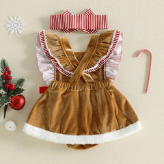 2PCS Gingerbread Man Flutter Sleeve Christmas Baby Girl Velvet Romper