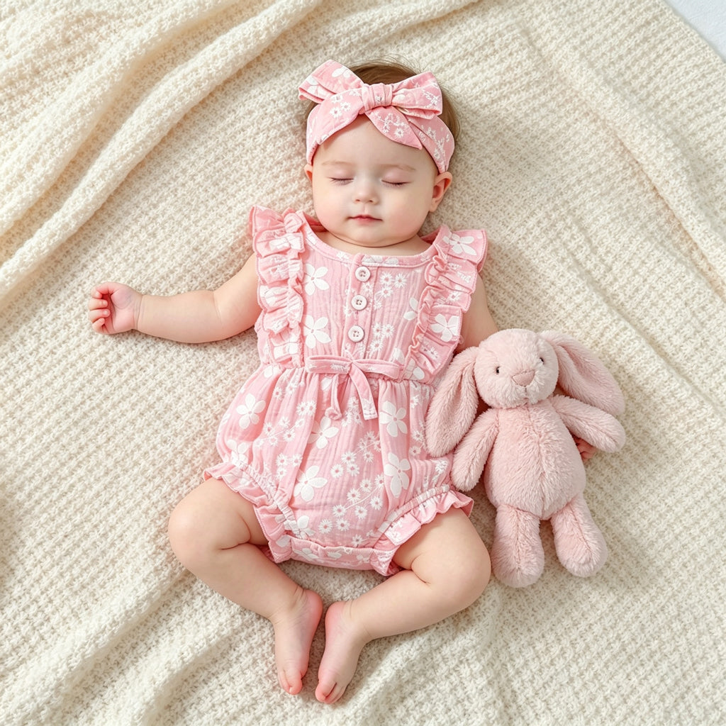 2PCS Summer Floral Printed Sleeveless Baby Romper Secondary image