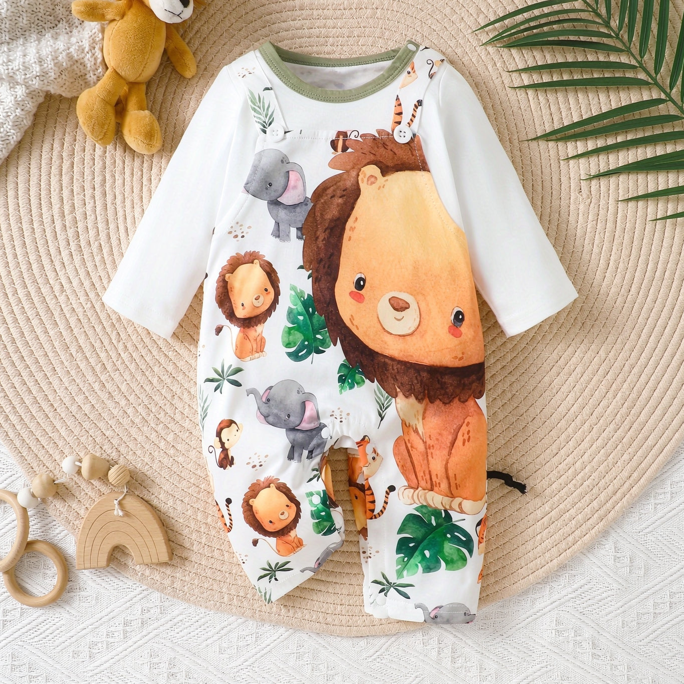Casual Lion Elephant Print Faux Layer Long Sleeve Baby Jumpsuit