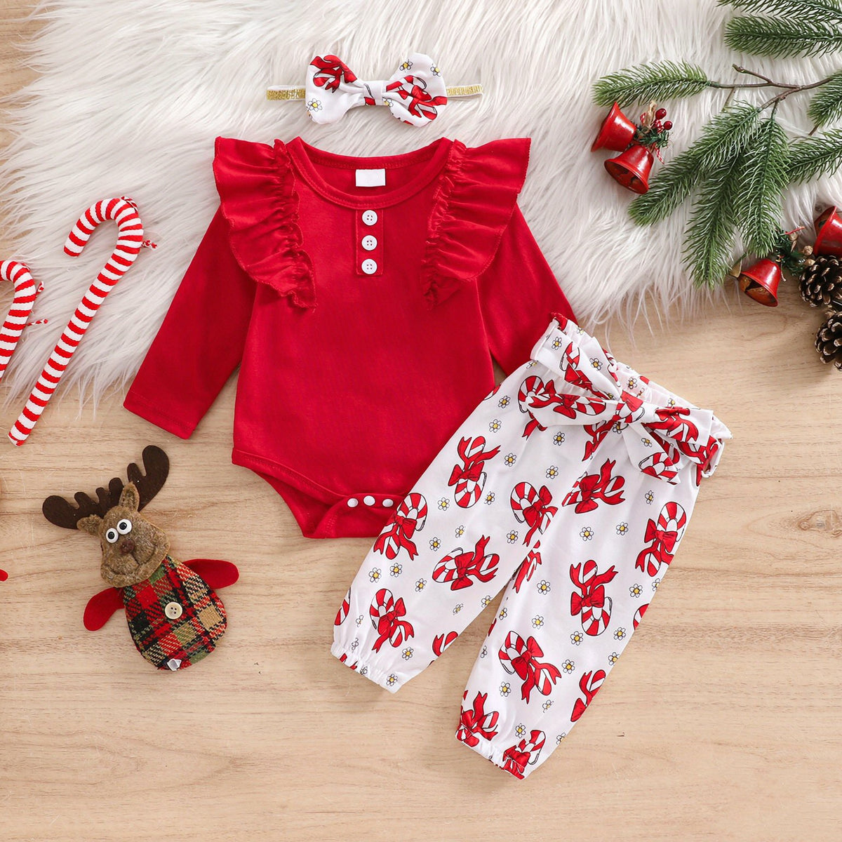3PCS Lovely Candy Cane and Bow Print Long Sleeve Baby Set Main image