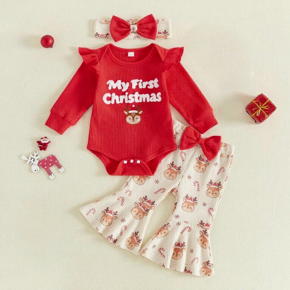 3PCS My First Christmas Letter Print Elk Applique Baby Girl Set