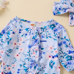 2PCS Pretty Floral Printed Long Sleeve Baby Jumpsuit