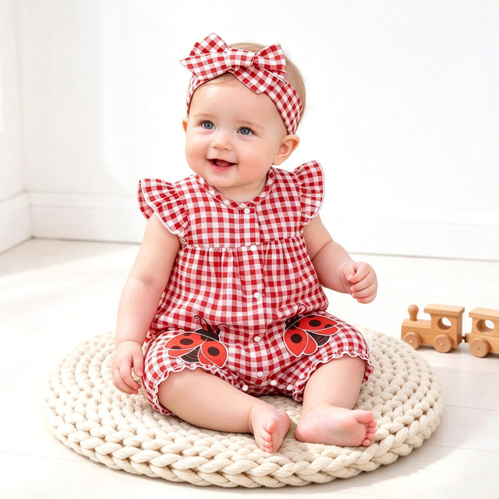 2PCS Lovely Plaid and Ladybug Printed Sleeveless Baby Jumpsuit Secondary image