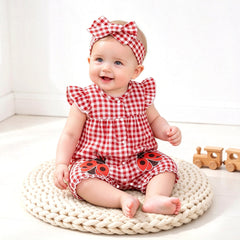 2PCS Lovely Plaid and Ladybug Printed Sleeveless Baby Jumpsuit