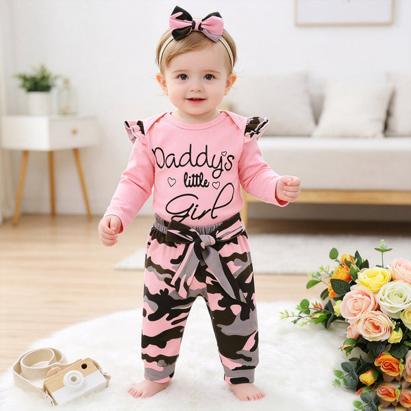 3PCS Daddy's Little Girl Letter Printed Rufffled Romper With Camouflage Printed Bowknot Pants Baby Girl Set