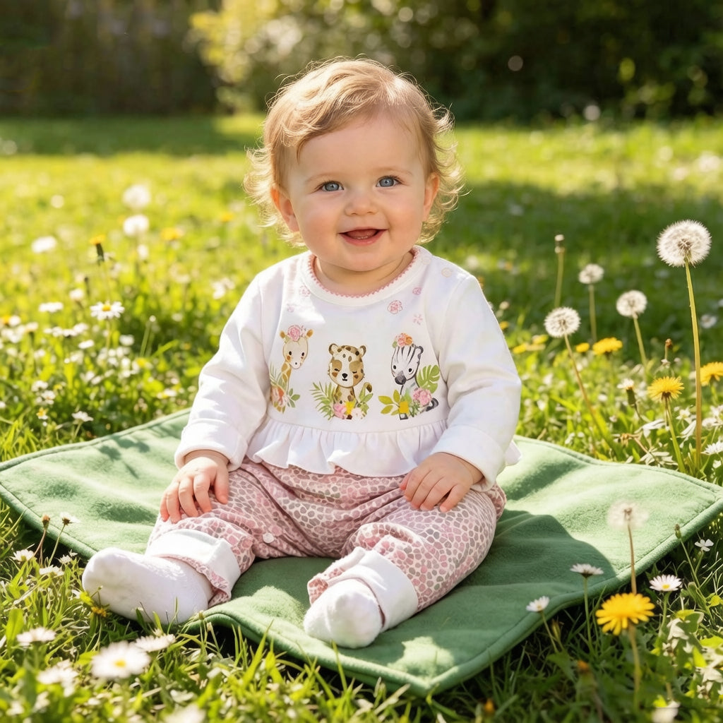 Lovely Three Animals Printed Fold Edge Long-sleeve Baby Girl Jumpsuit
